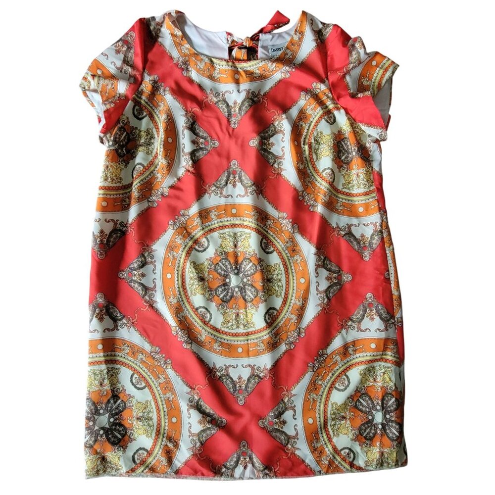 Danny & Nicole Orange Cream Baroque Print Shift Dress 22W Short Sleeve Bow Back